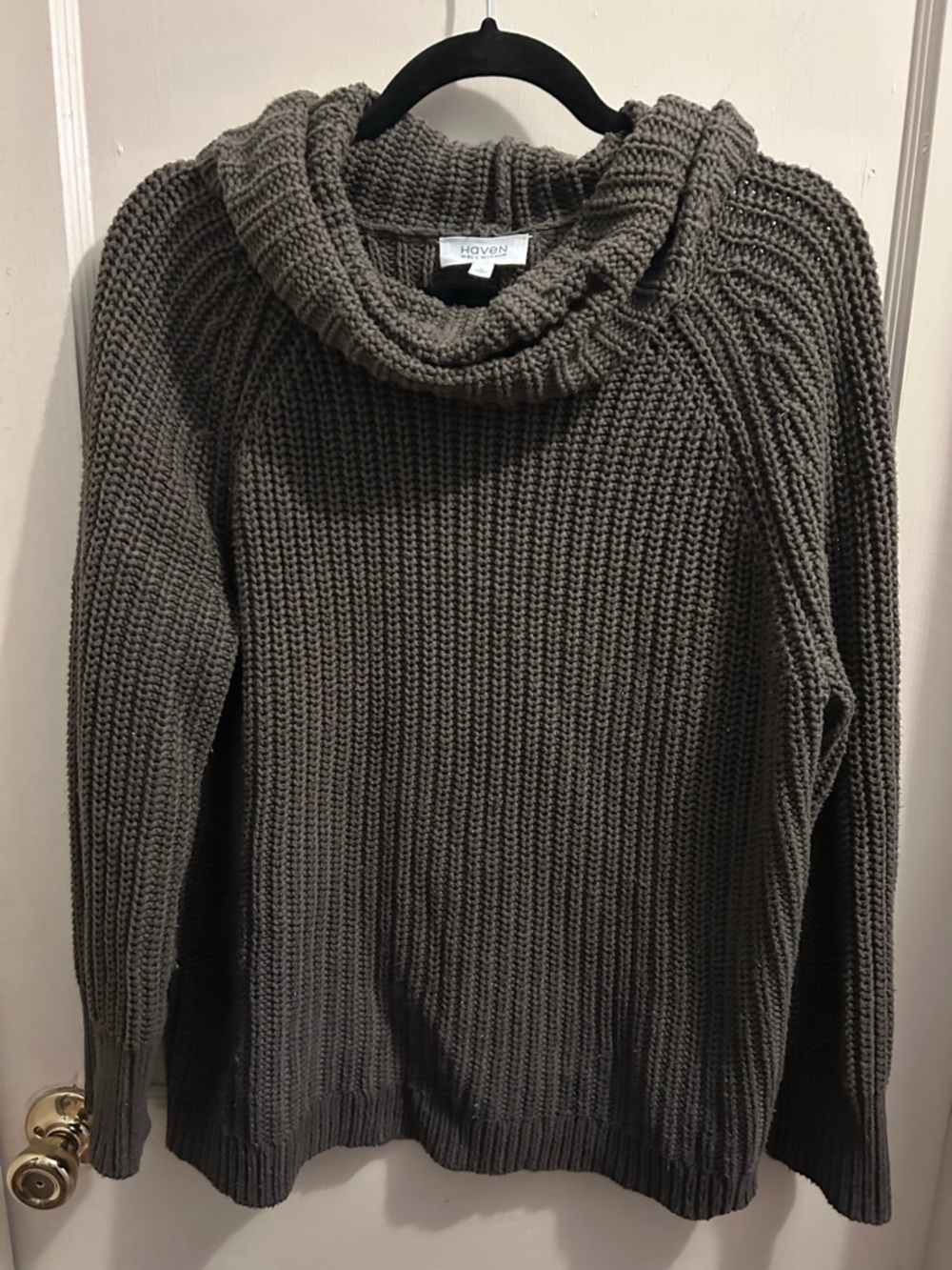 Haven Well Within olive green cowl neck fisherman knit sweater.  Medium
